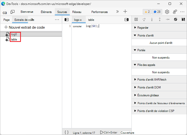 Extraits de code triés dans le panneau Sources