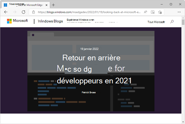 Capture d’écran du billet de blog : Retour sur Microsoft Edge pour les développeurs en 2021