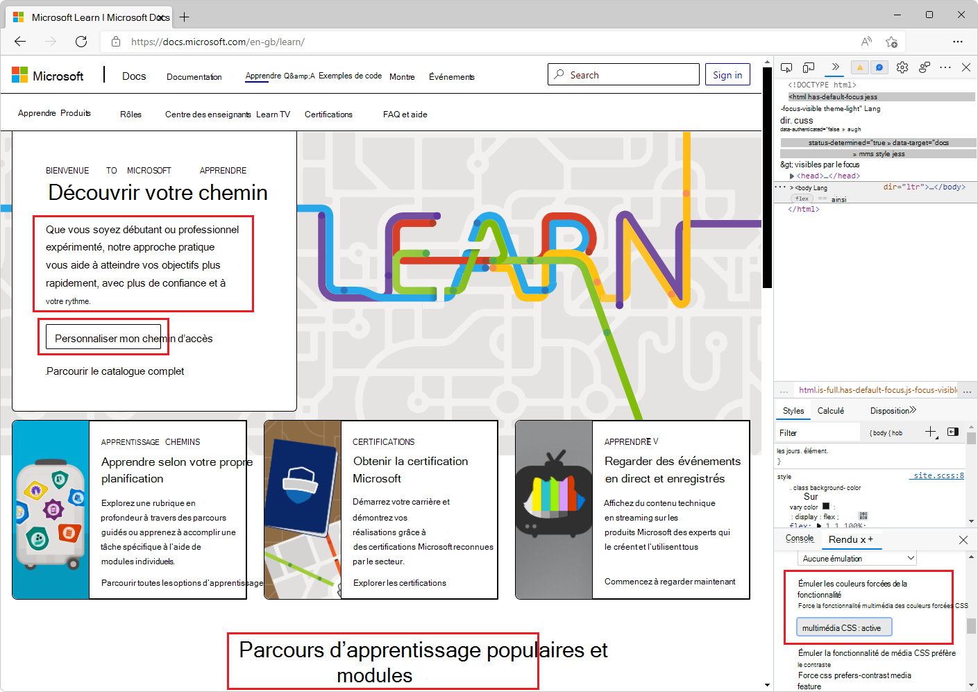 Page web avec l’émulation des couleurs forcées activée dans l’outil Rendu. Texte remplacé en texte noir sur un arrière-plan blanc