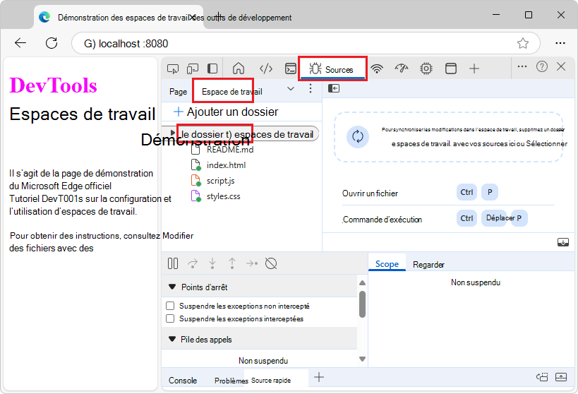 L’onglet Espace de travail comporte un point vert « mappé » indiquant un mappage entre une ressource reçue du serveur et un fichier source local