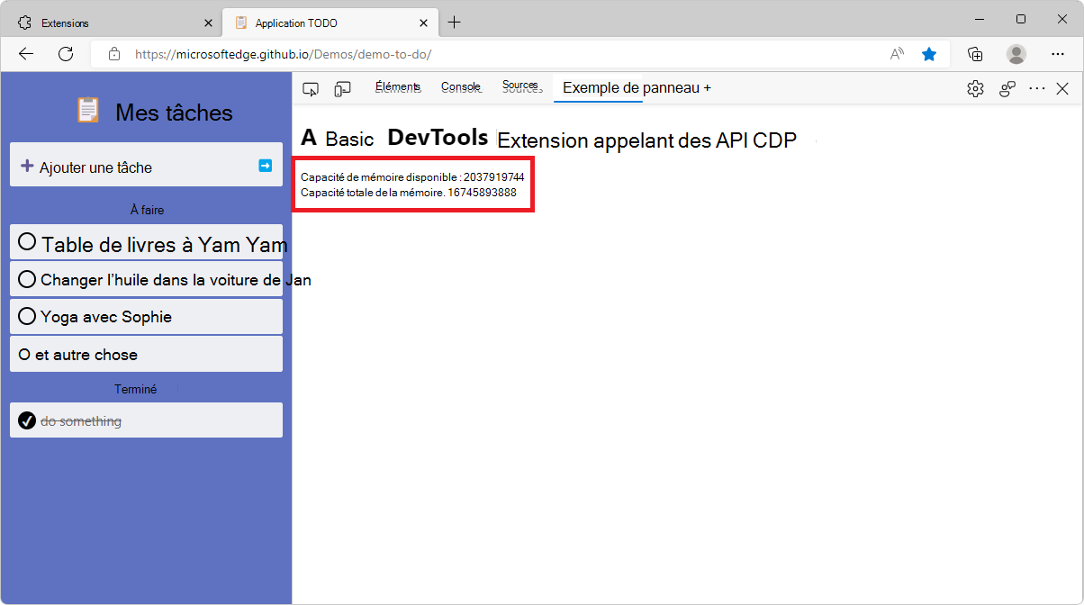 Nouveau panneau d’extension dans DevTools, affichant des informations sur la mémoire