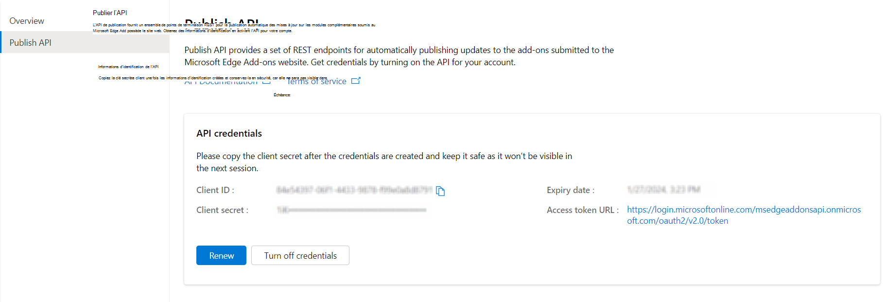 La page « Publier l’API » dans l’Espace partenaires après avoir cliqué sur « Créer des informations d’identification d’API », affichant désormais l’ID client, la clé secrète client et l’URL du jeton d’authentification