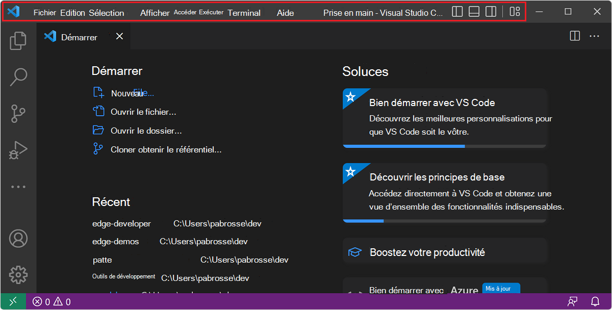 Visual Studio Code affiche le contenu dans la zone de barre de titre