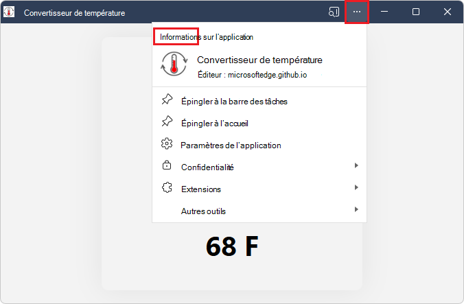 Menu « Informations sur l’application »