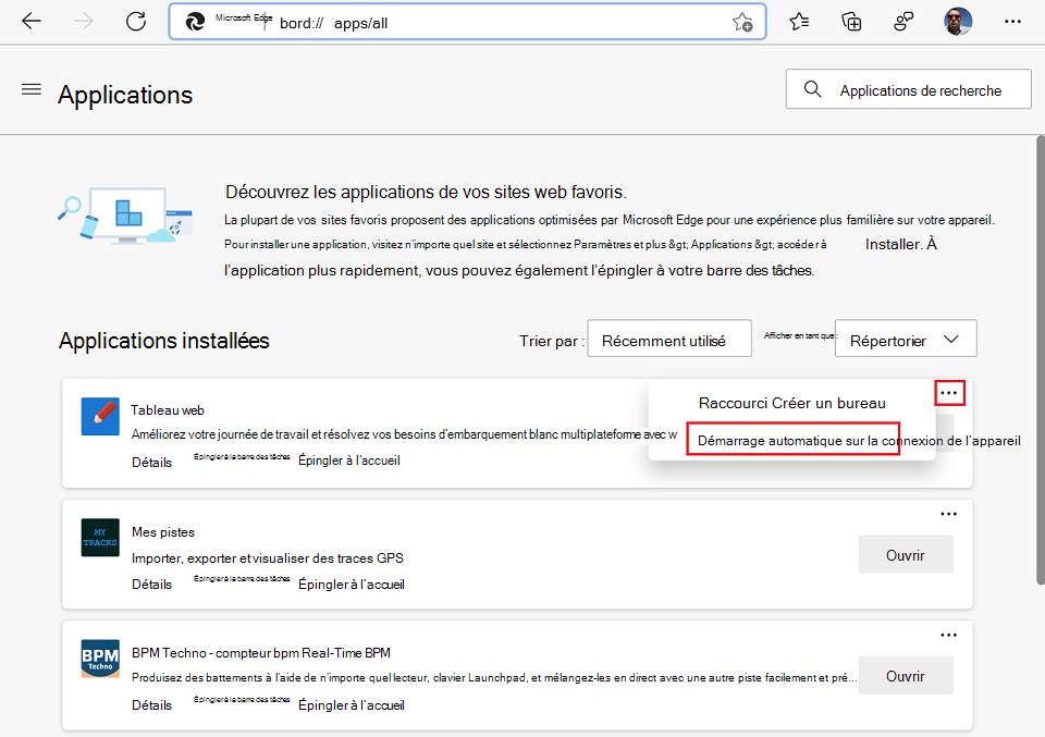 Utilisez le menu Autres options pour activer la fonctionnalité « Démarrage automatique sur la connexion de l’appareil » dans Microsoft Edge