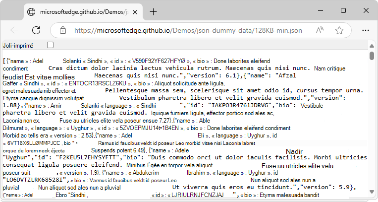 Un fichier .json qui est minifié, initialement ouvert dans Edge