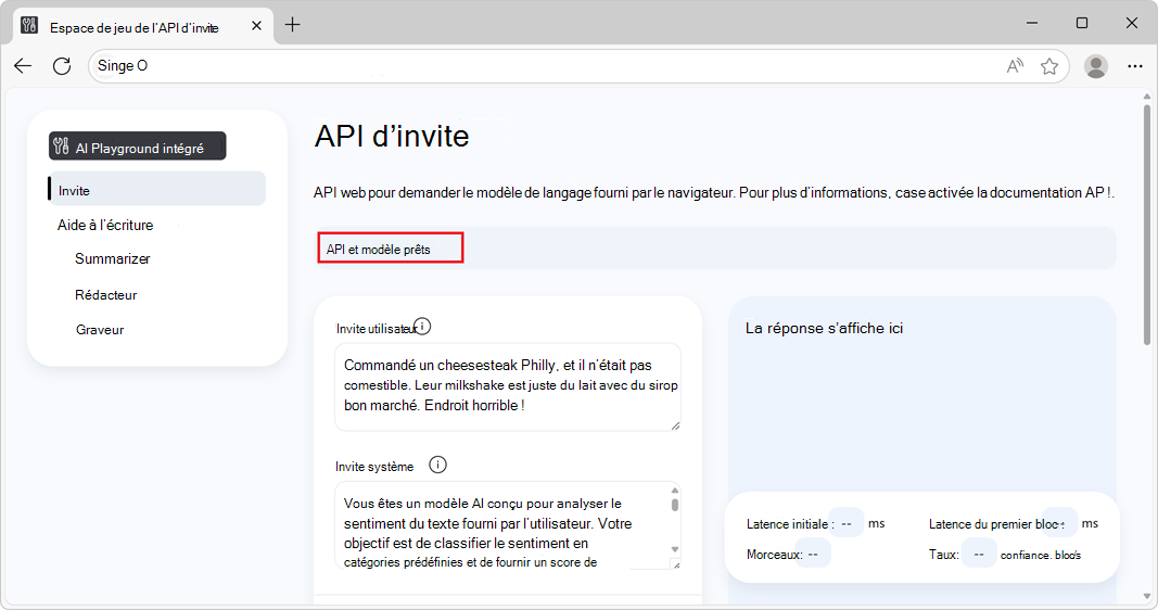 Indicateur d’état montrant l’API et le modèle prêts