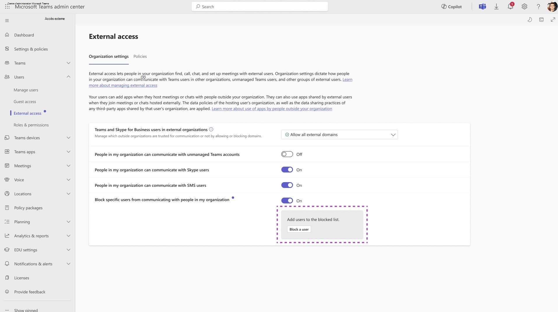 Capture d’écran de la page Utilisateurs externes qui affiche les paramètres de cette page.
