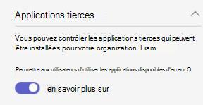 Capture d’écran montrant acm paramètres d’application tierce à l’échelle de l’organisation dans un organization.