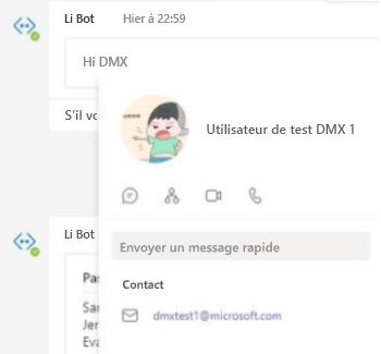 Capture d’écran montrant une mention d’utilisateur dans le bot avec la carte adaptative.