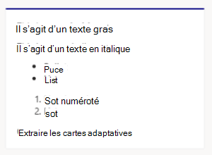 Capture d’écran montrant un exemple de mise en forme Markdown de carte adaptative dans le client de bureau Teams.