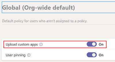 Capture d’écran de la valeur par défaut à l’échelle de l’organisation avec Charger des applications personnalisées montrant le bouton bascule activé et mis en évidence en rouge.