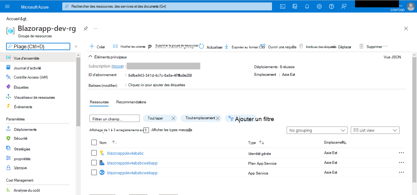 Capture d’écran de Blazorapp-dev-rg affichant les ressources approvisionnées dans le portail Azure.