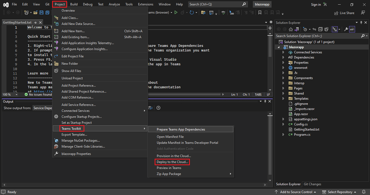 Capture d’écran montrant Visual Studio avec les options Project, Teams Toolkit et Déployer dans le cloud mises en évidence en rouge.