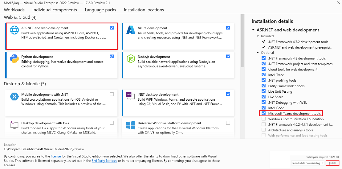 Capture d’écran de Visual Studio Enterprise Preview avec l’option Asp.NET, développement web et outils de développement Microsoft Teams sous détails de l’installation et l’installation mise en évidence en rouge.