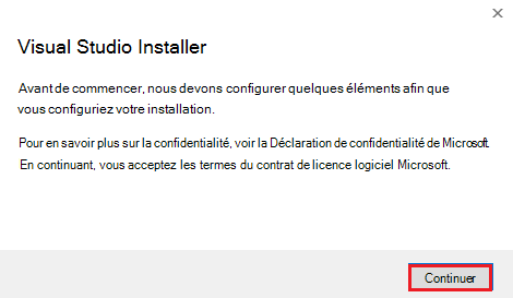 Capture d’écran de Visual Studio Installer avec l’option Continuer mise en évidence en rouge.