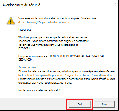 Capture d’écran montrant l’avertissement de sécurité avec l’option Oui.