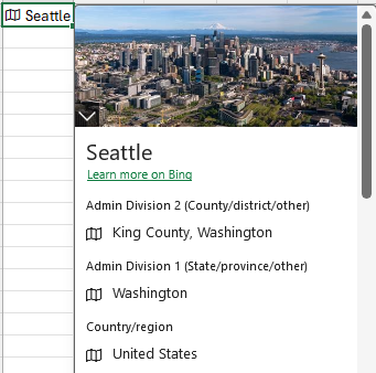 Capture d’écran d’une valeur d’entité carte pour le type de données liée Seattle Geography dans la feuille de calcul.