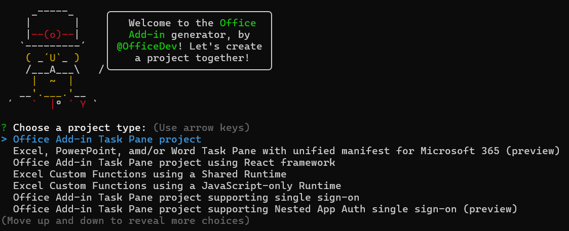 Invite pour le type de projet et les réponses possibles dans le générateur Yeoman.