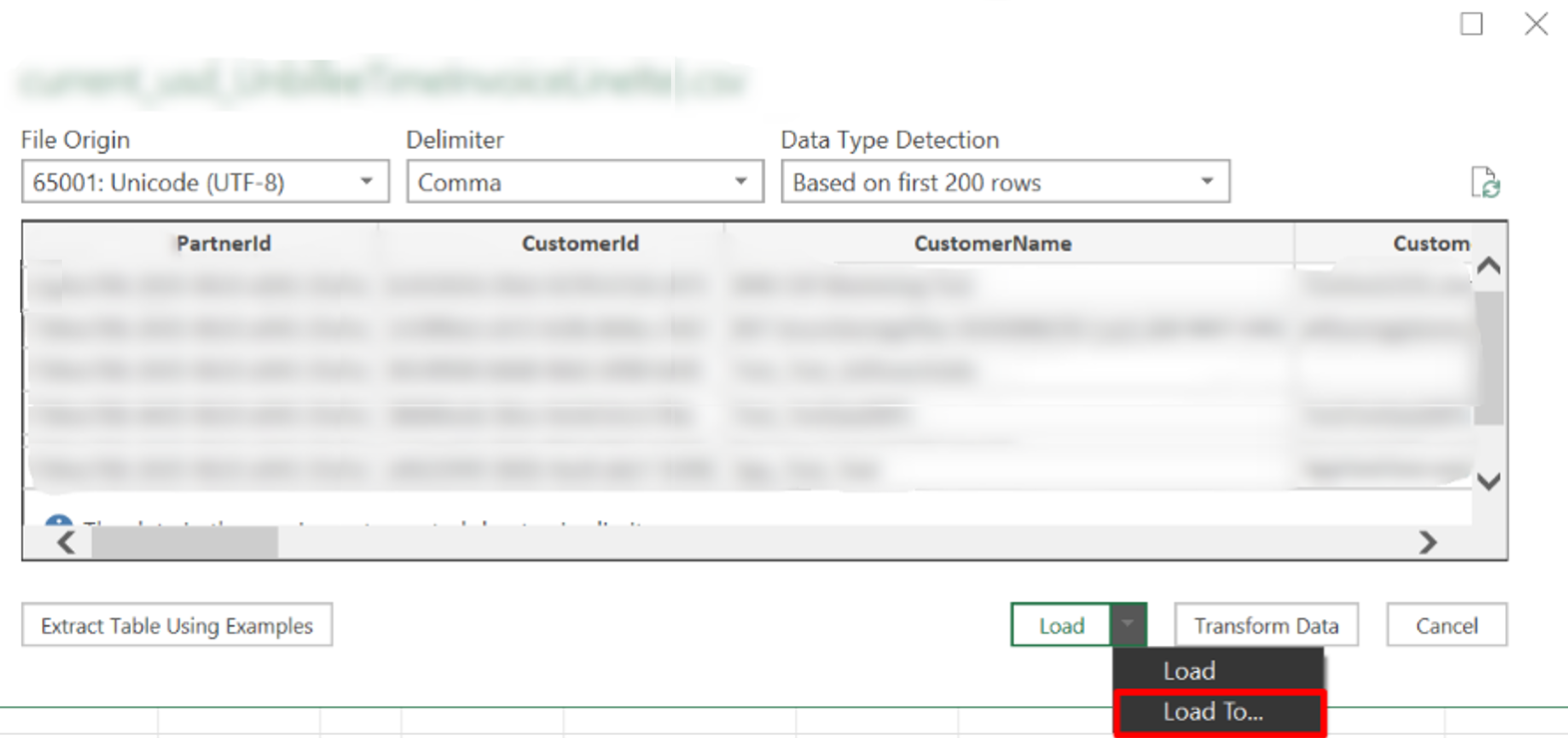 Capture d’écran de la fenêtre d’aperçu fichier, avec la liste déroulante en regard de Load open, et la sélection Load To à l’intérieur de la liste déroulante sélectionnée.