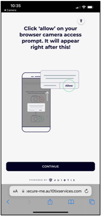 Capture d’écran de la page AU10TIX sur un appareil mobile, avec la page : Cliquez sur Autoriser sur l’invite d’accès camer de votre navigateur. Il apparaîtra juste après cela !
