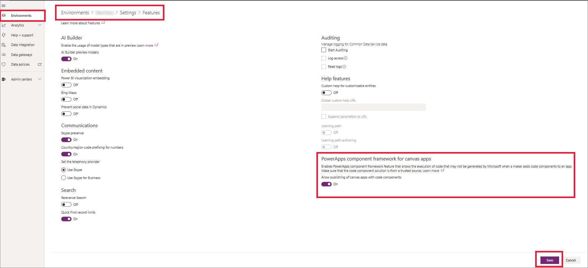 Activer le framework de composants Power Apps