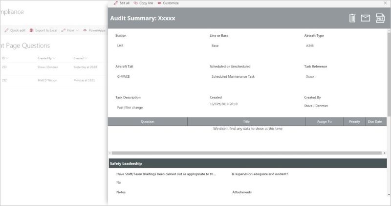 Vue du responsable de la conformité technique - Power Apps exécuté de façon intégrée dans SharePoint.