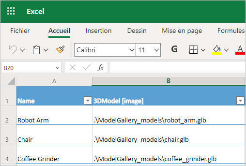 {Une capture d’écran d’un tableau Excel avec des colonnes pour le nom d’un modèle 3D et le chemin d’accès au fichier objet.}