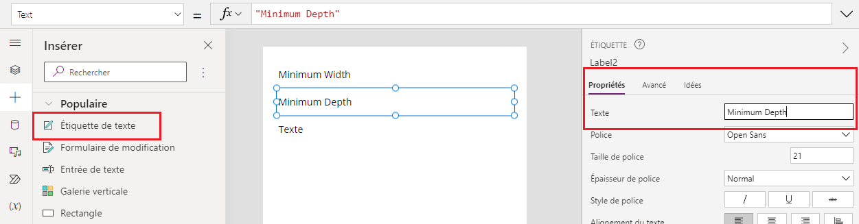 Une capture d’écran d’une Étiquette de texte dans MR en construction dans Microsoft Power Apps Studio, affiché avec sa propriété.