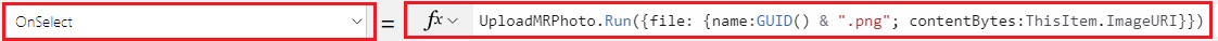 Une capture d’écran de la propriété OnSelect d’un contrôle de bouton dans la barre de formule Power Apps Studio, lorsque le bouton est dans une galerie.