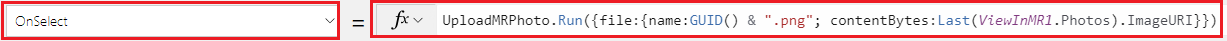 Une capture d’écran de la propriété OnSelect d’un contrôle de bouton dans la barre de formule Power Apps Studio, qui charge la dernière photo prise.