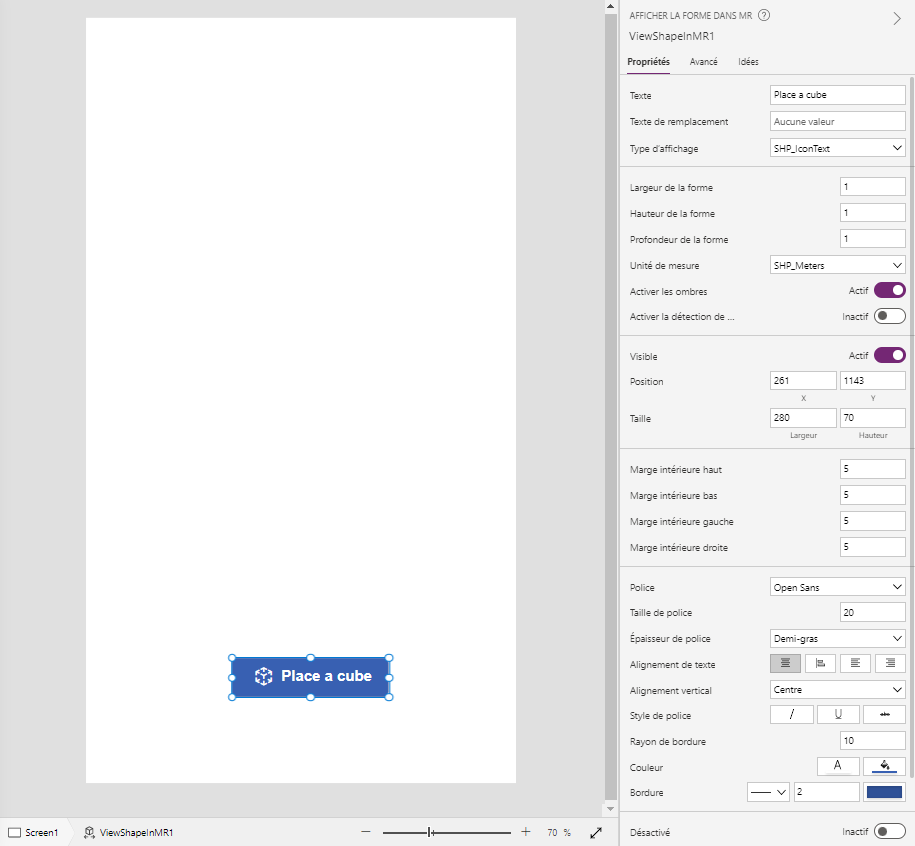 Une capture d’écran du bouton Afficher la forme dans MR à côté de ses propriétés dans Power Apps Studio .