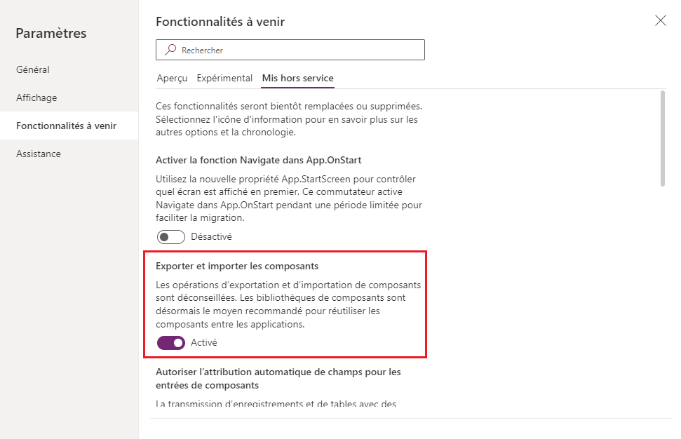 Activer l’exportation et l’importation des composants Activer l’exportation et l’importation des composants.