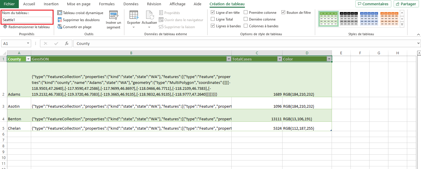 Une capture d’écran d’un tableau dans Excel avec des données de forme GeoJSON.