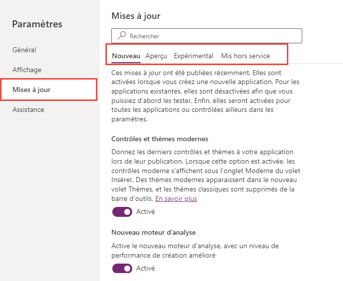 Paramètres avancés pour l’application canevas.