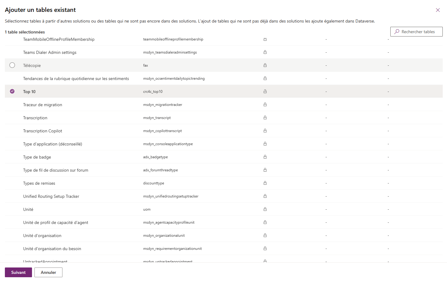 Sélectionner des composants de table.