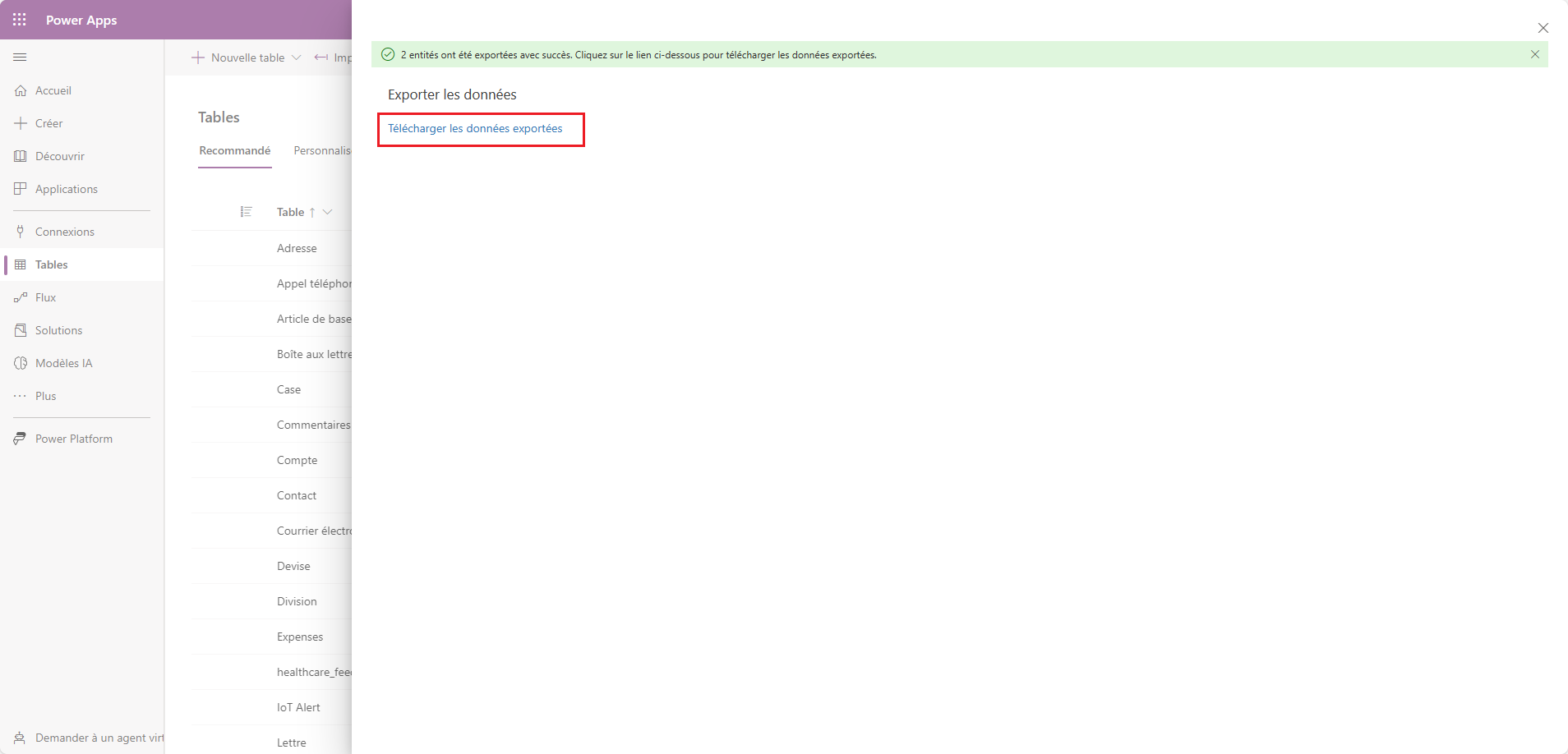 Exemple d’exportation qui affiche l’exportation réussie avec un lien vers le fichier téléchargeable.