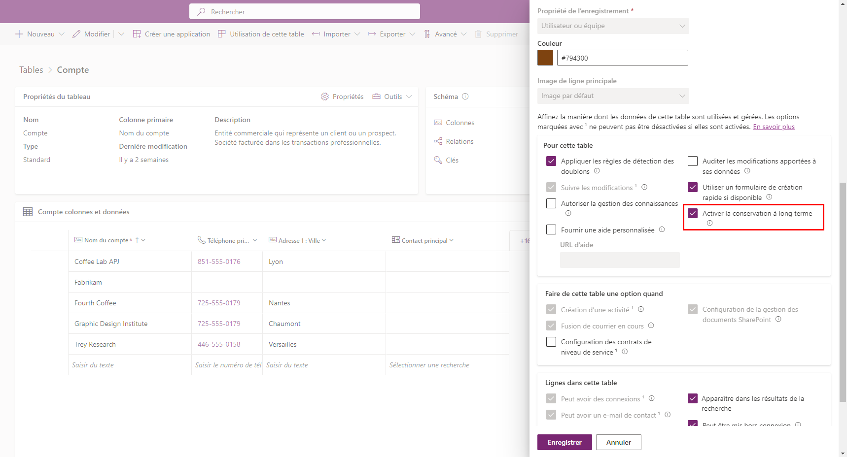 Propriété de la table de rétention des données à long terme
