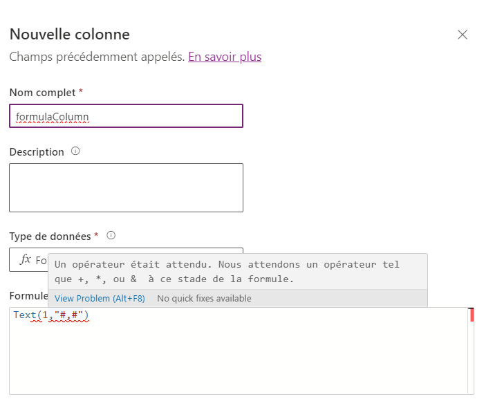 Jeton de formatage non pris en charge, spécifique à une région, passé en paramètre de la fonction Text dans une formule