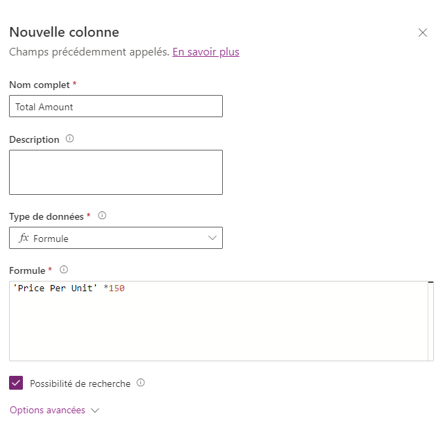 Capture d’écran d’un volet Créer une colonne de formule à utiliser avec un nombre décimal en utilisant «&nbsp;Prix unitaire&nbsp;» * 150.