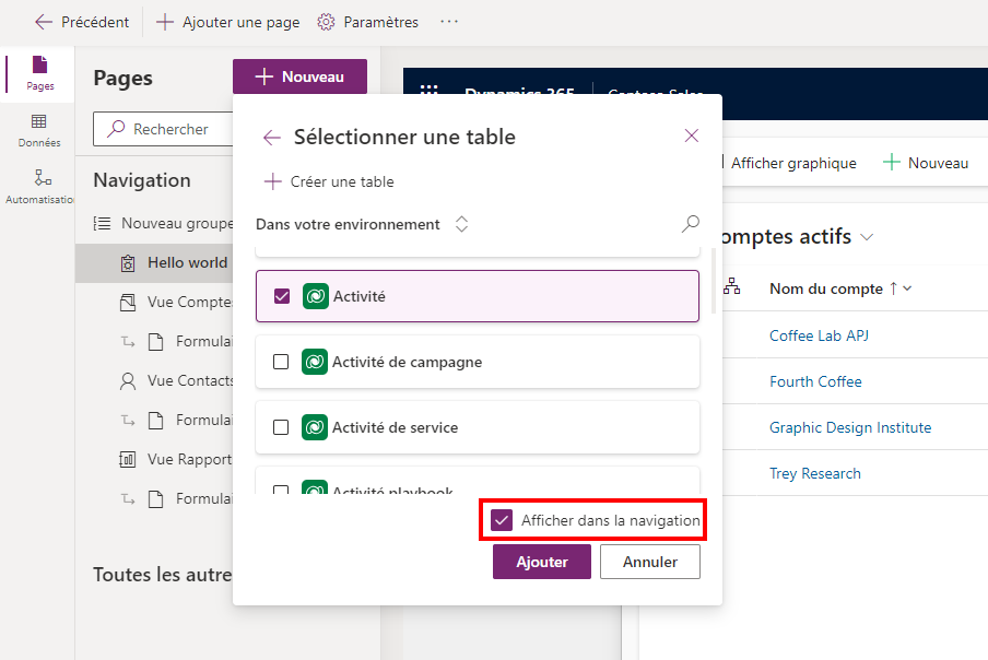 Ajouter une table à une page