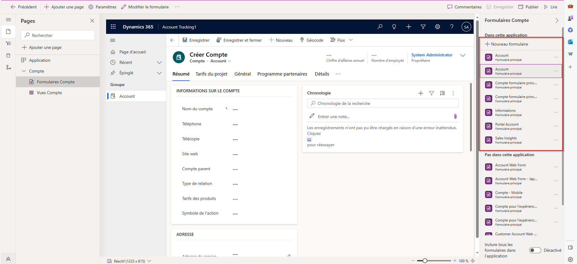 Vignette de formulaires pour l’entité Compte Sélectionnez les formulaires de tableau que vous souhaitez afficher dans votre application
