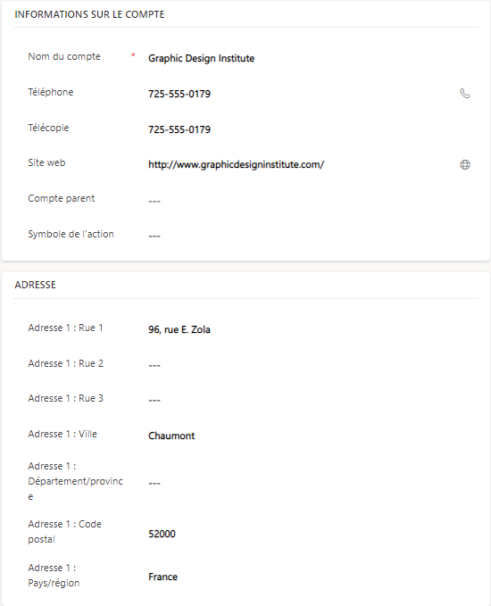 Formulaire d'aperçu rapide pour la recherche de contact.