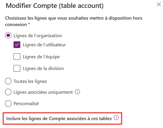 Capture d’écran des options de modification de la table Compte, avec Inclure les enregistrements de compte liés à ces tables en surbrillance.