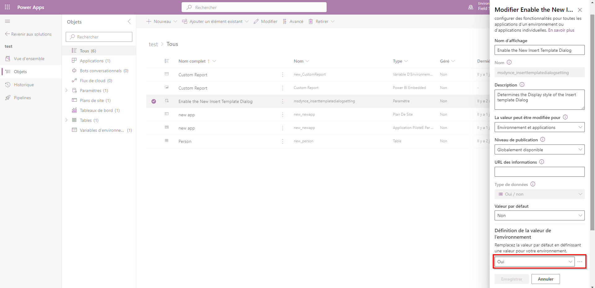 Définir la variable sur non