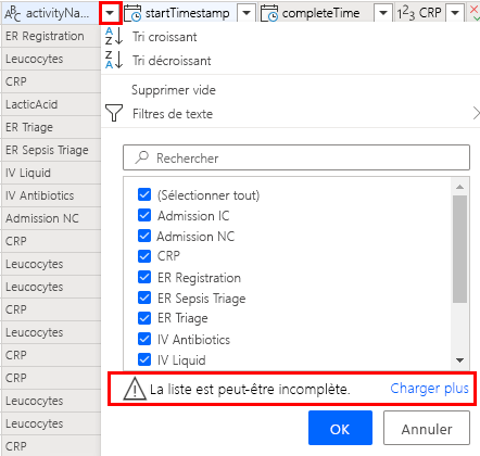 Capture d’écran du filtrage des noms d’activité.