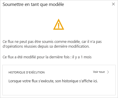 Capture d’écran montrant un message d’avertissement indiquant qu’aucune exécution n’a réussi.