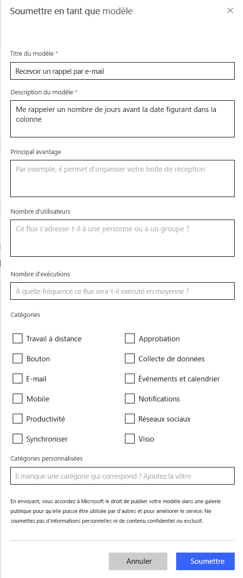 Capture d’écran des options de modèle.