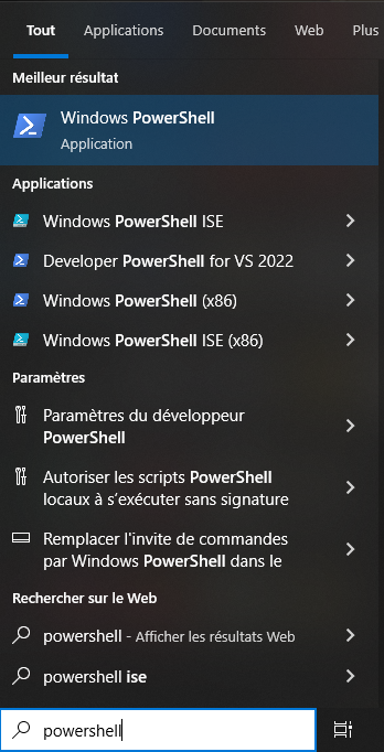 Capture d’écran montrant PowerShell lancé à partir de Windows.