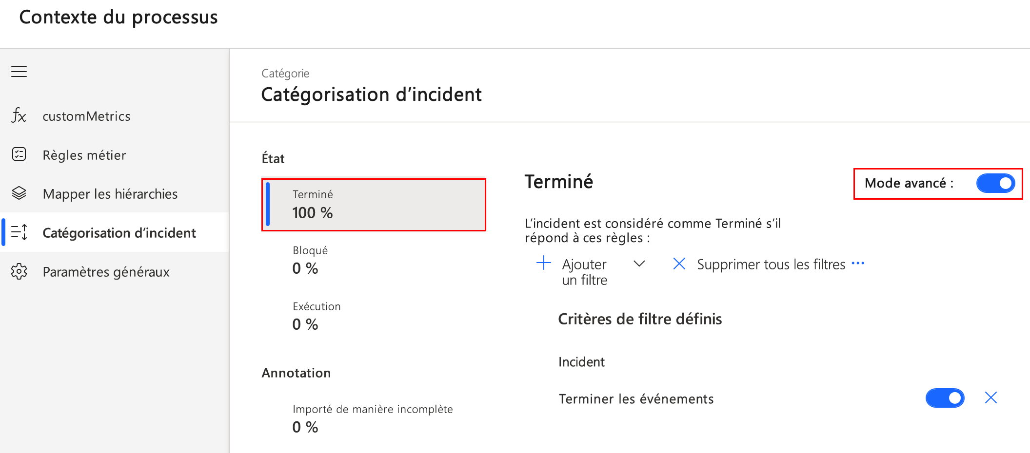 Capture d’écran de la catégorisation des instances terminées en mode Avancé.